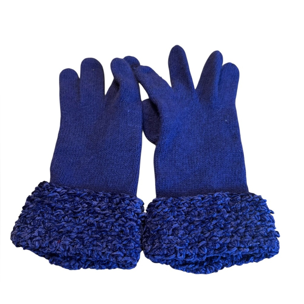 Wool and angora gloves in Iris with woven chenille cuffs. Gently worn.